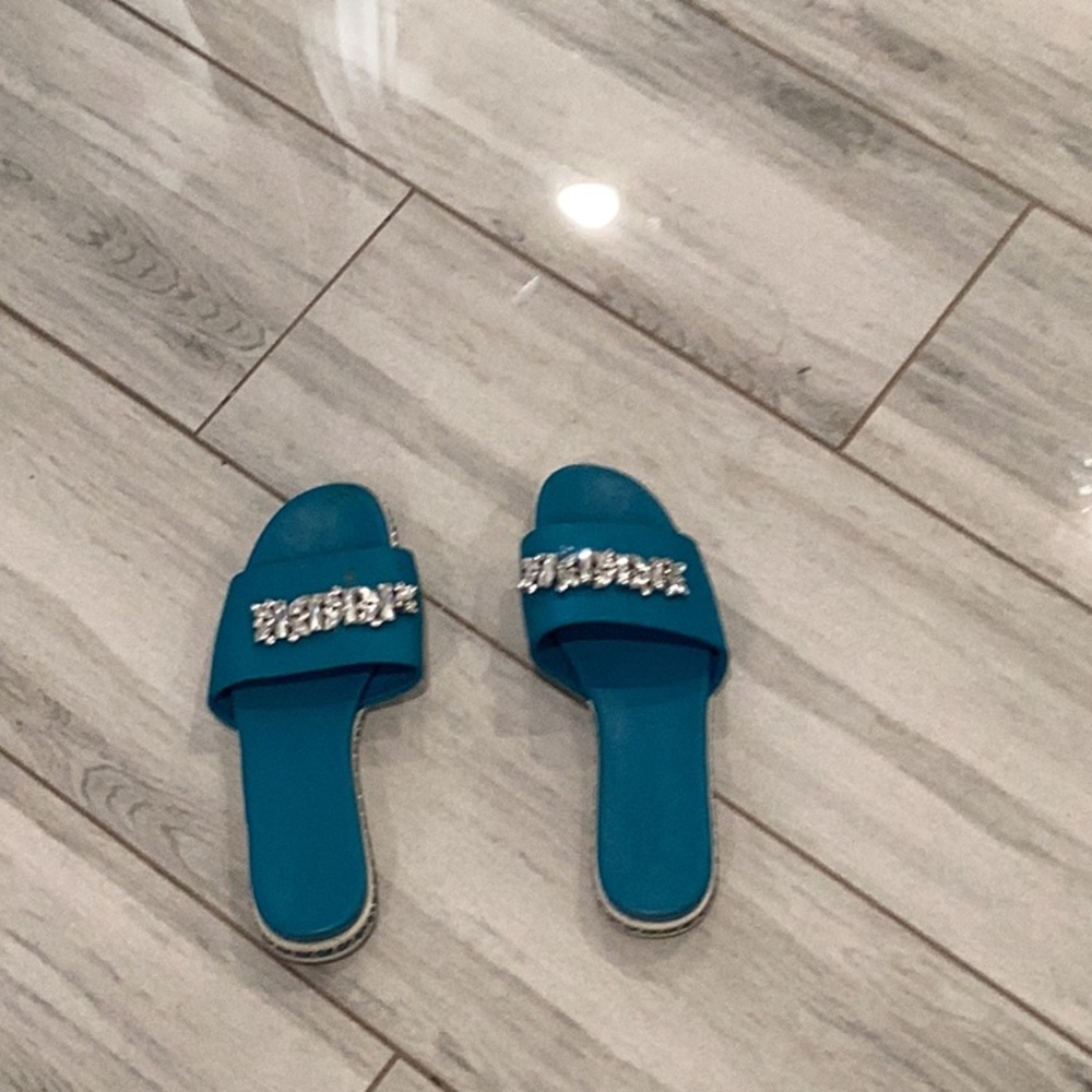 Women's Blue Slide Sandals with Embellishments